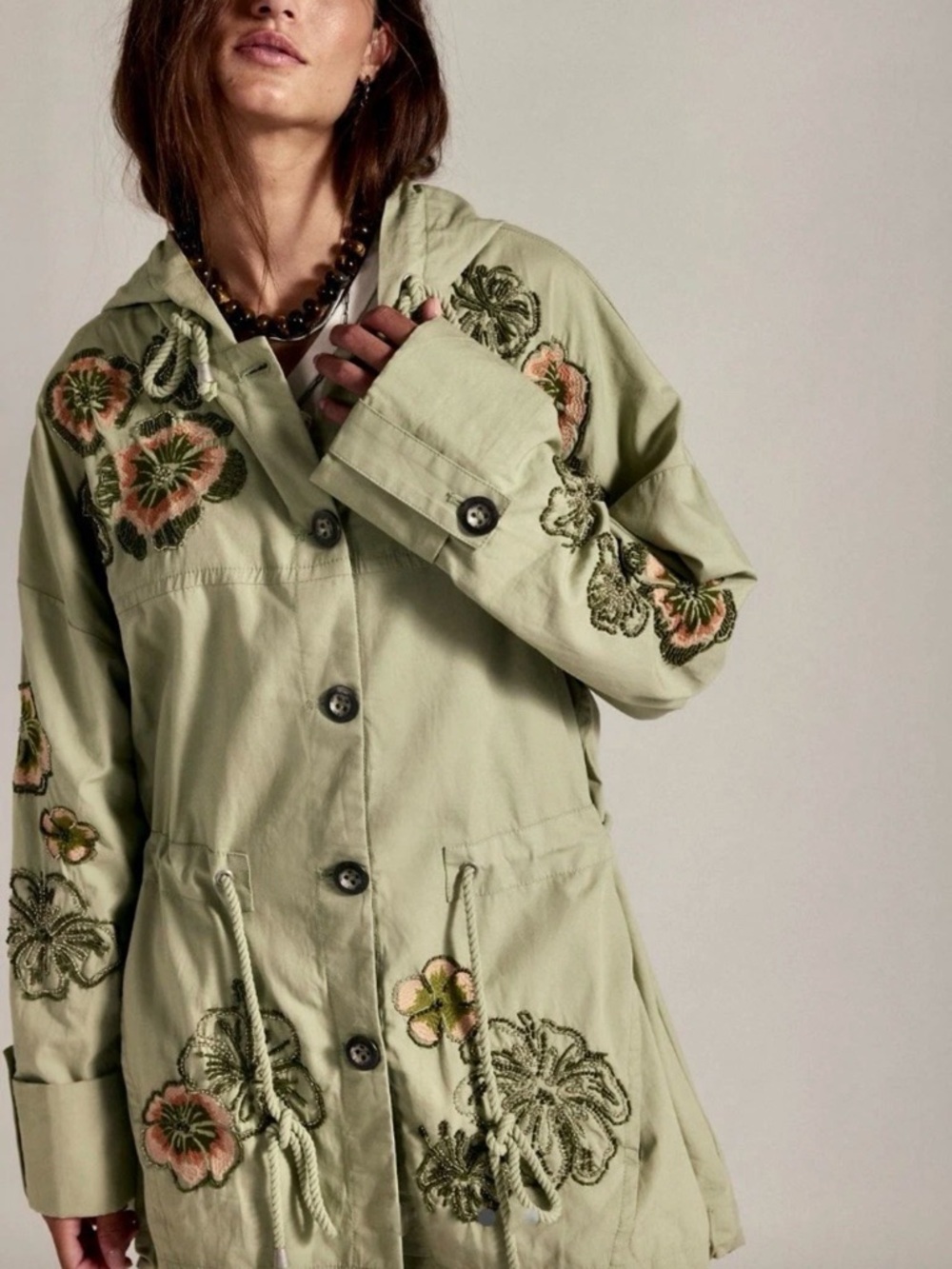 Free People We The Free Davy Jones Parka Hood Embroidery Bead Floral Sage - Picture 4 of 8